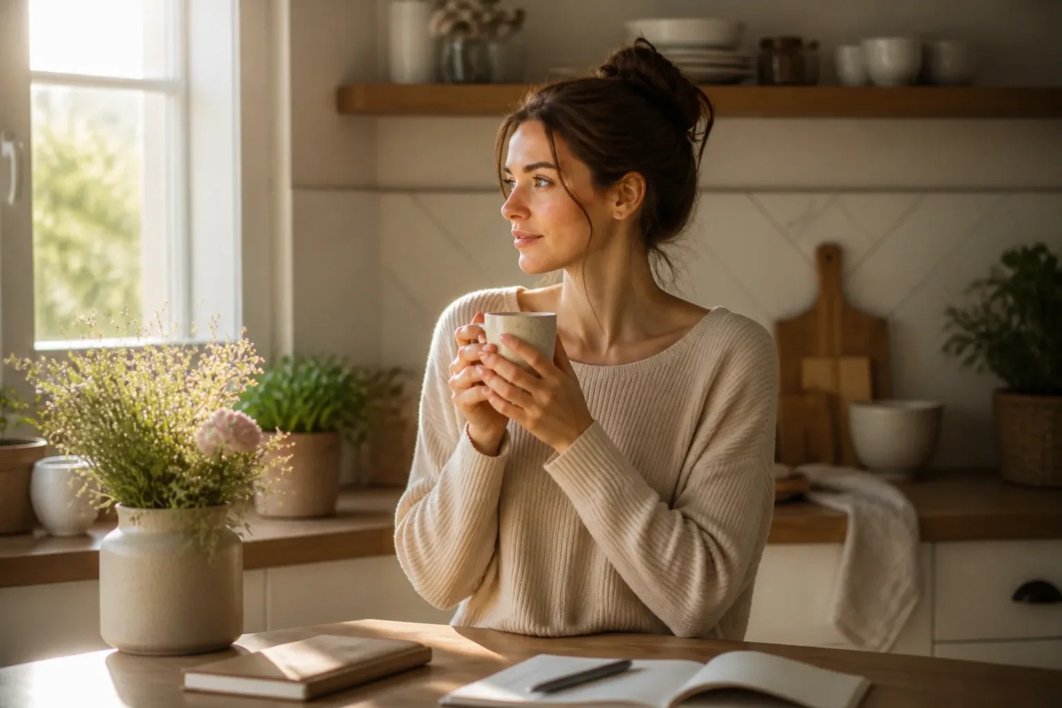 Early pregnancy at home — quiet morning before a bump is visible