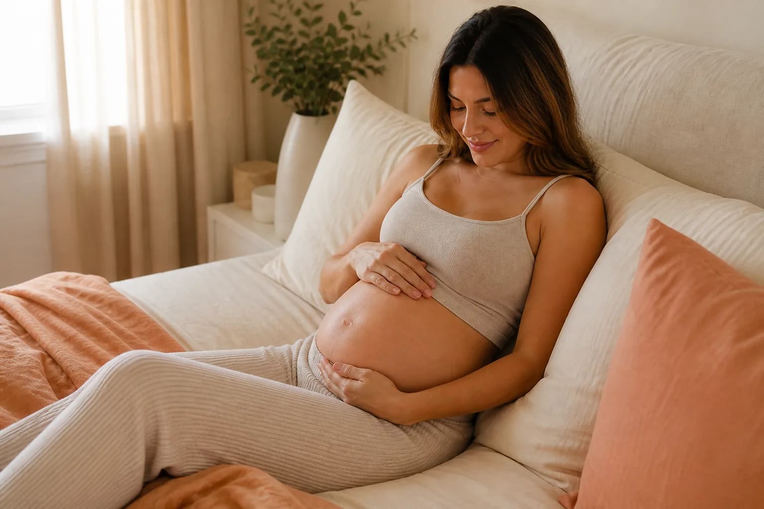 Second trimester — a clear mid-pregnancy bump while resting at home