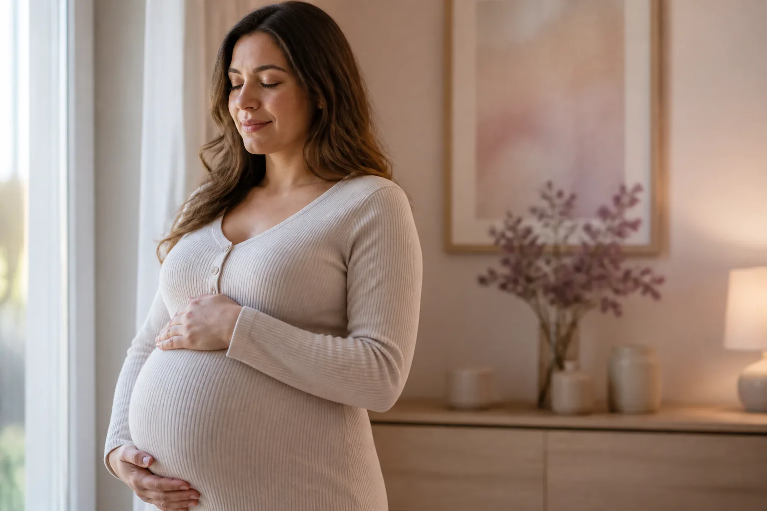 A pregnant mother resting her hands on her belly in soft morning light